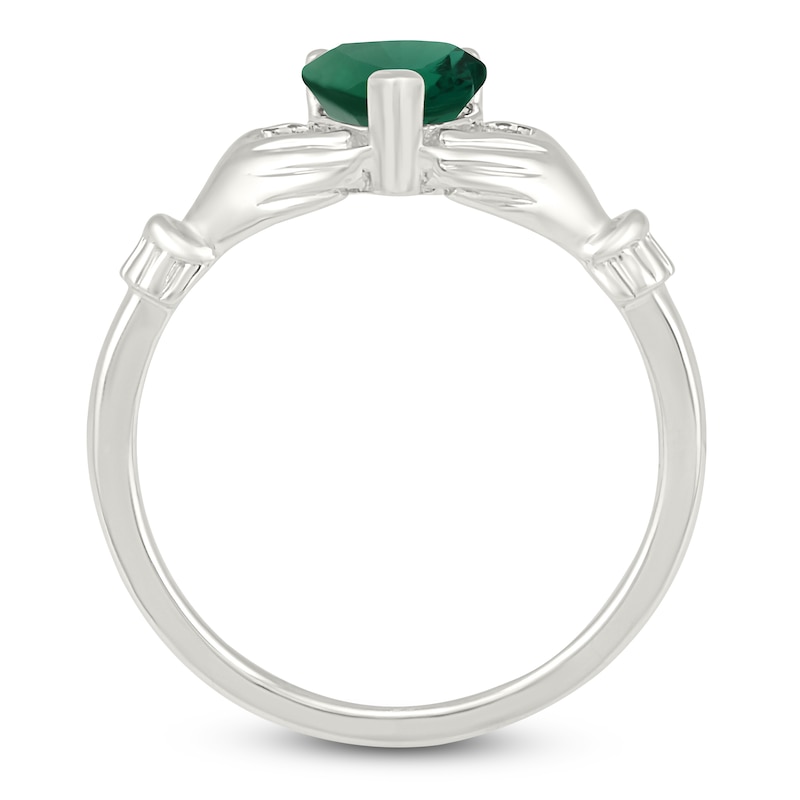 Main Image 2 of Heart-Shaped Lab-Created Emerald & White Lab-Created Sapphire Claddagh Ring Sterling Silver