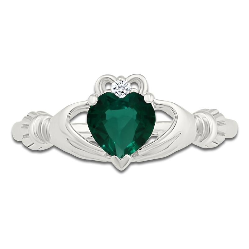 Main Image 3 of Heart-Shaped Lab-Created Emerald & White Lab-Created Sapphire Claddagh Ring Sterling Silver