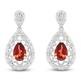 Pear-Shaped Natural Garnet & Diamond Dangle Earrings 1/6 ct tw Sterling Silver