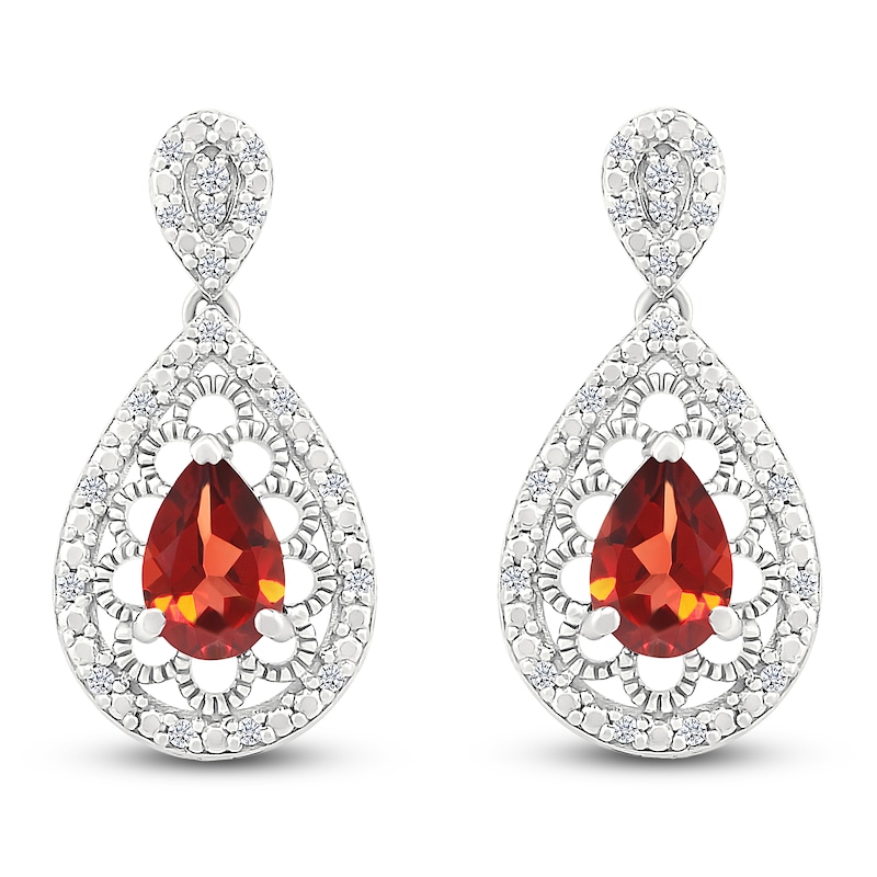 Main Image 1 of Pear-Shaped Natural Garnet & Diamond Dangle Earrings 1/6 ct tw Sterling Silver