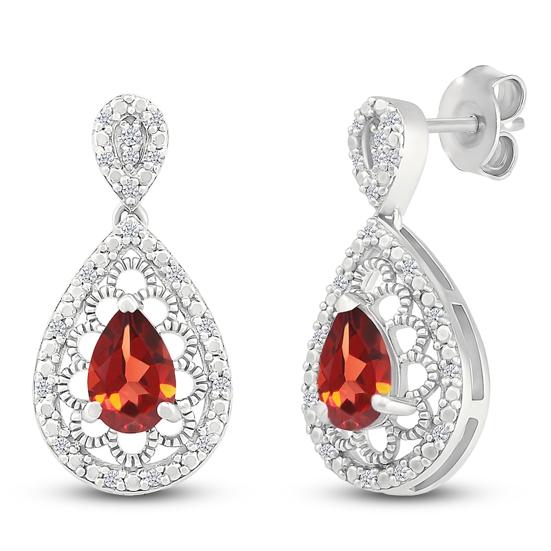 Main Image 2 of Pear-Shaped Natural Garnet & Diamond Dangle Earrings 1/6 ct tw Sterling Silver