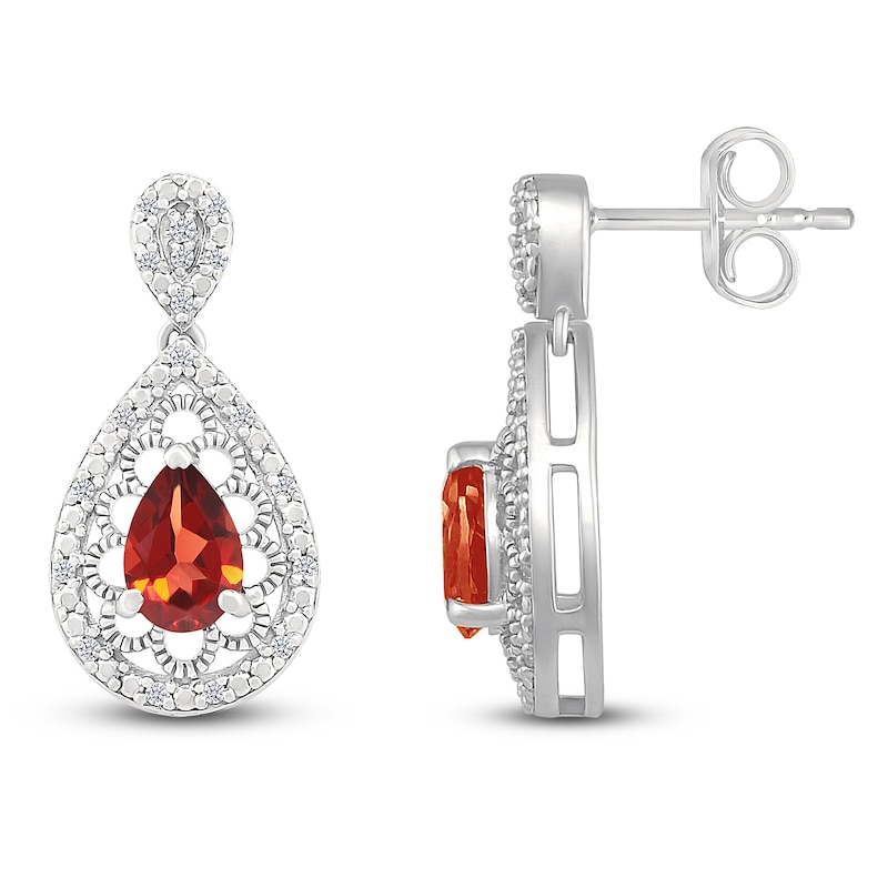 Main Image 3 of Pear-Shaped Natural Garnet & Diamond Dangle Earrings 1/6 ct tw Sterling Silver