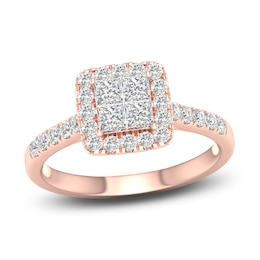 Diamond Halo Engagement Ring 3/4 ct tw Round 14K Rose Gold