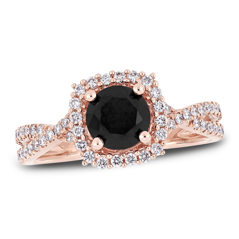 Main Image 1 of Black & White Diamond Halo Engagement Ring 1-1/2 ct tw Round 14K Rose Gold