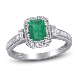 Emerald-Cut Natural Emerald & Diamond Engagement Ring 1/2 ct tw 14K White Gold