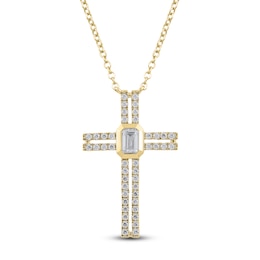 Emerald-Cut Diamond Bezel Cross Necklace 1/3 ct tw 10K Yellow Gold 18&quot;