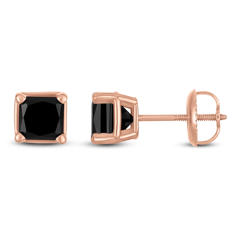 Princess-Cut Black Diamond Solitaire Stud Earrings / ct tw 14K Rose Gold