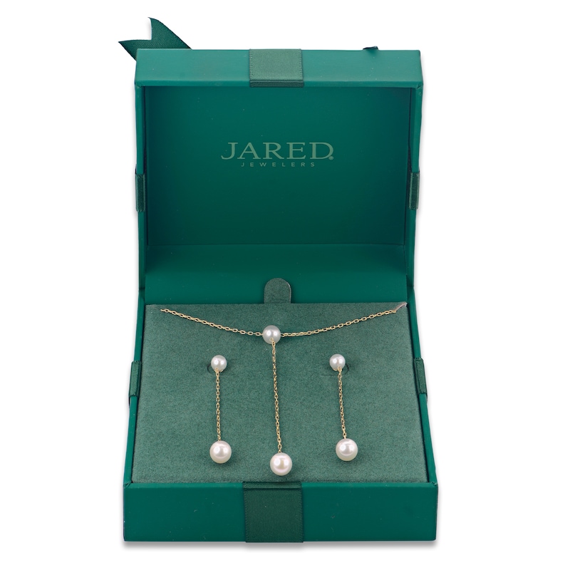 Cultured Pearl Y-Drop Necklace & Drop Earrings Set 10K Yellow Gold