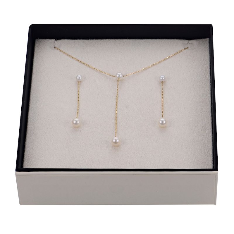 Main Image 5 of Cultured Pearl Y-Drop Necklace & Drop Earrings Set 10K Yellow Gold