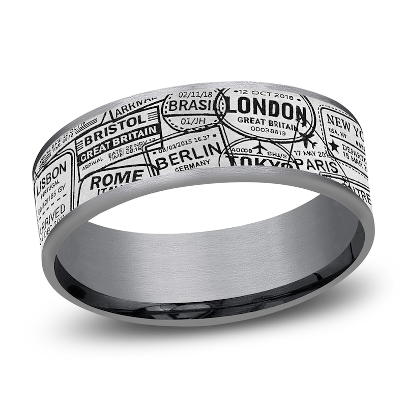 Main Image 1 of Men's Passport Pattern Comfort-Fit Wedding Band 7.5mm Tantalum & Matte Gray Titanium