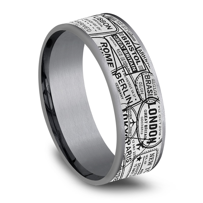 Main Image 2 of Men's Passport Pattern Comfort-Fit Wedding Band 7.5mm Tantalum & Matte Gray Titanium