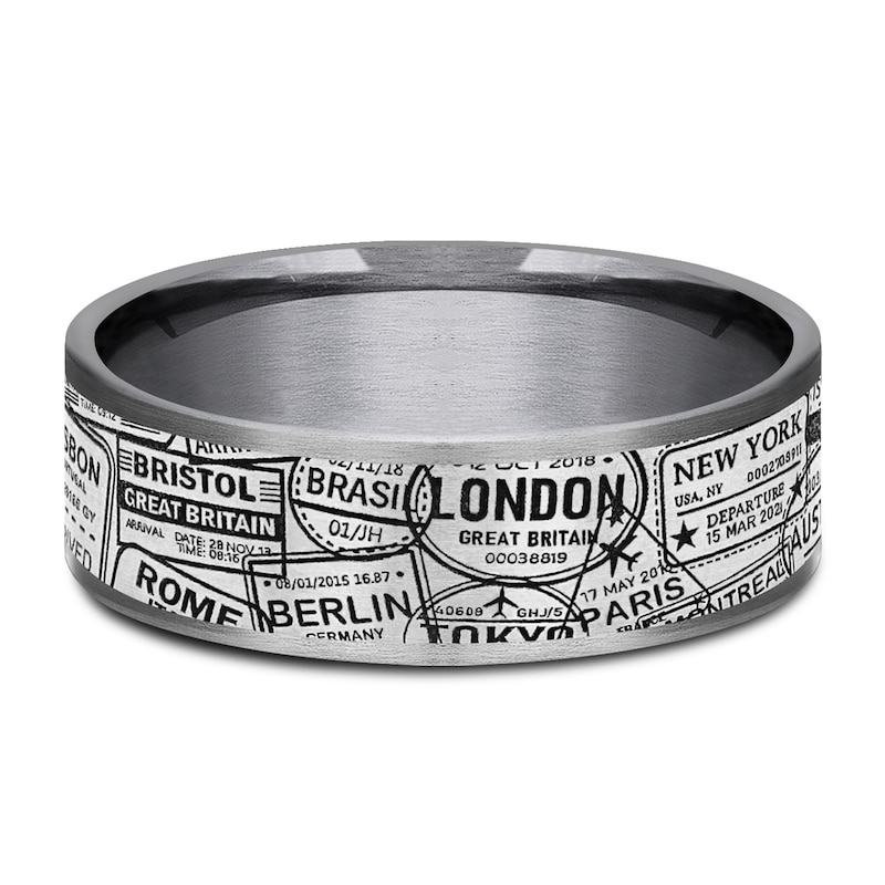 Main Image 3 of Men's Passport Pattern Comfort-Fit Wedding Band 7.5mm Tantalum & Matte Gray Titanium