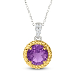 Natural Amethyst & White Lab-Created Sapphire Rope Twist Necklace Sterling Silver & 10K Yellow Gold 18&quot;