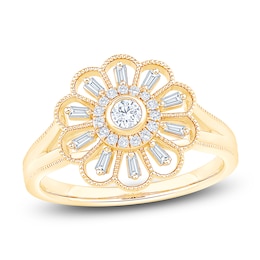 Vintage-Inspired Baguette & Round-Cut Diamond Flower Ring 1/4 ct tw 14K Yellow Gold