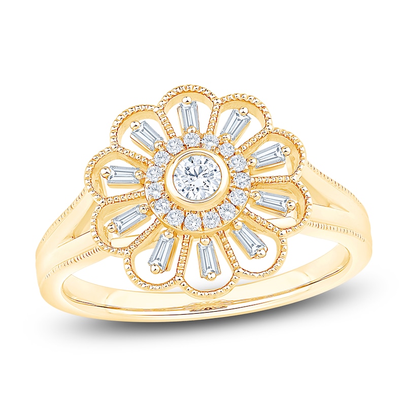 Main Image 1 of Vintage-Inspired Baguette & Round-Cut Diamond Flower Ring 1/4 ct tw 14K Yellow Gold