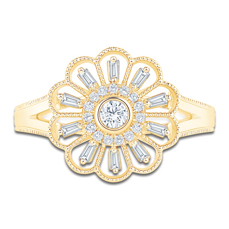 Main Image 3 of Vintage-Inspired Baguette & Round-Cut Diamond Flower Ring 1/4 ct tw 14K Yellow Gold