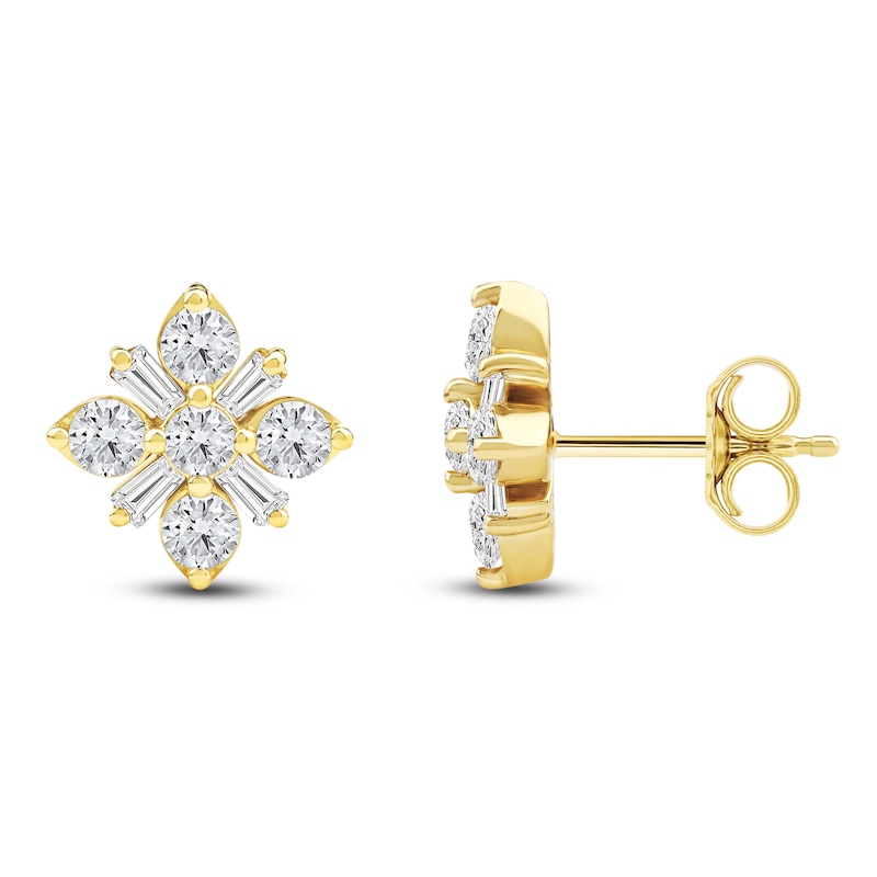 Main Image 2 of Baguette & Round-Cut Lab-Created Diamond Snowflake Stud Earrings 1 ct tw 14K Yellow Gold