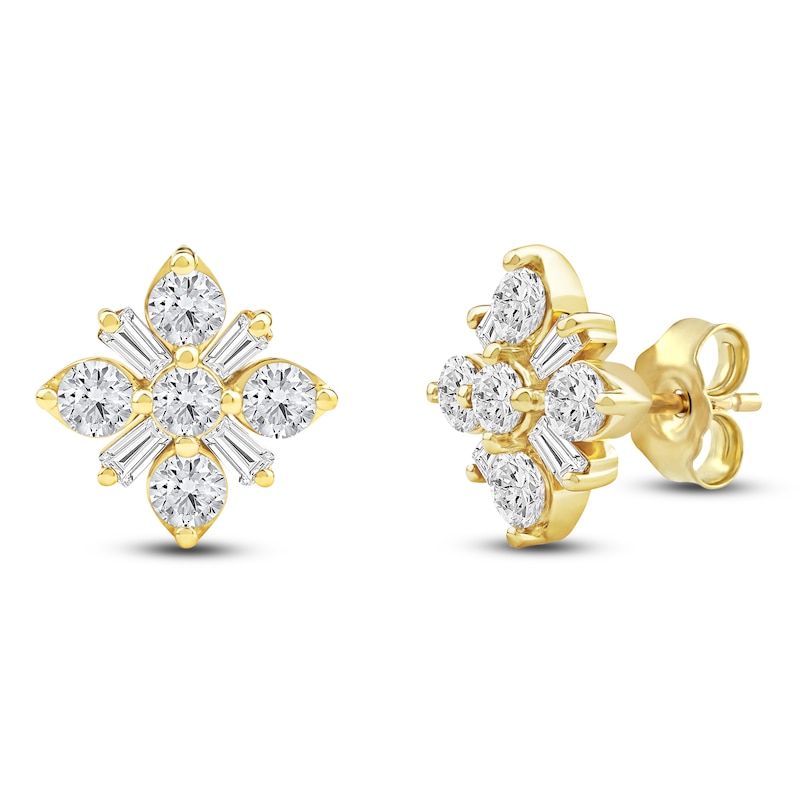 Main Image 3 of Baguette & Round-Cut Lab-Created Diamond Snowflake Stud Earrings 1 ct tw 14K Yellow Gold