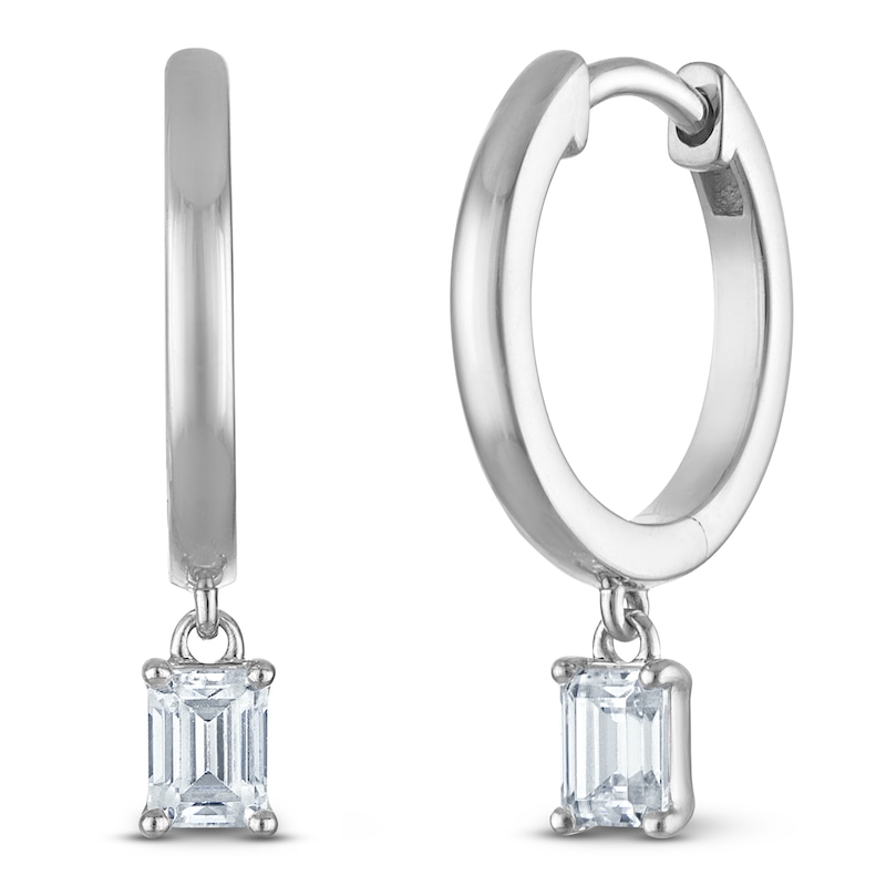 Main Image 2 of Emerald-Cut Lab-Created Diamond Solitaire Dangle Hoop Earrings 1/2 ct tw 14K White Gold (SI2/F)