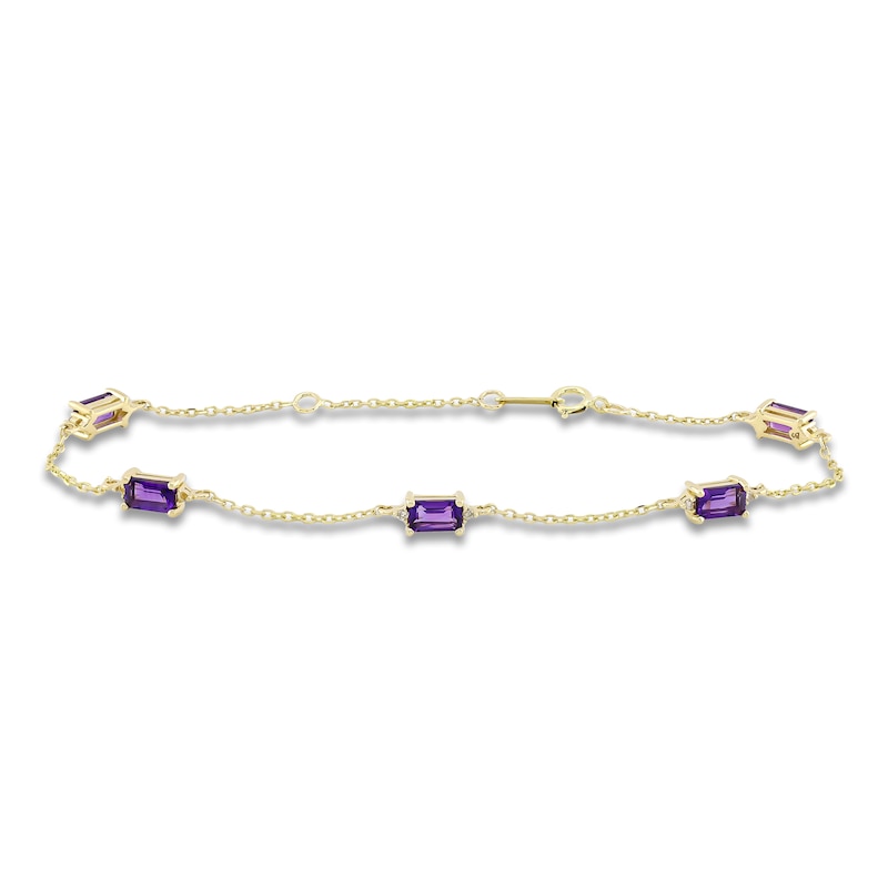 Main Image 1 of Rectangle-Cut Natural Amethyst & Diamond Station Bracelet 1/20 ct tw 10K Yellow Gold 7.25&quot;