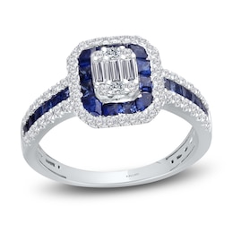 Kallati Natural Blue Sapphire & Diamond Double Frame Ring 1/2 ct tw 14K White Gold