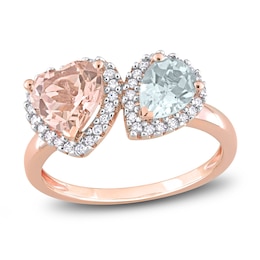 Natural Aquamarine & Natural Morganite Heart Ring 1/5 ct tw Diamonds 14K Rose Gold