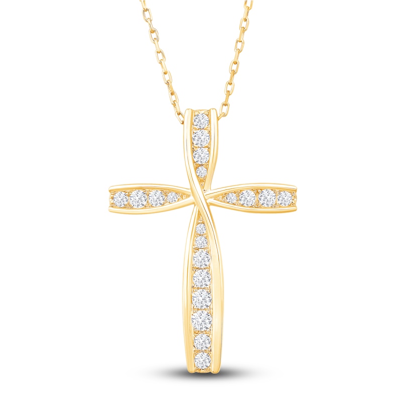 Main Image 1 of Diamond Cross Pendant Necklace 1/2 ct tw Round 10K Yellow Gold 18&quot;