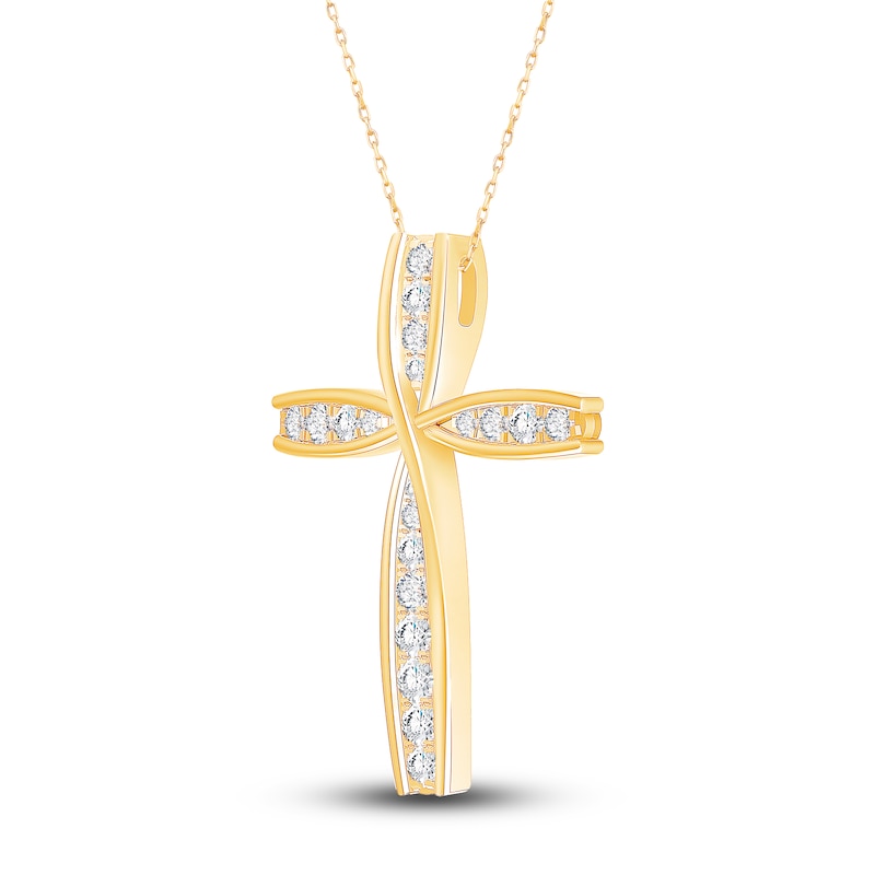 Main Image 3 of Diamond Cross Pendant Necklace 1/2 ct tw Round 10K Yellow Gold 18&quot;