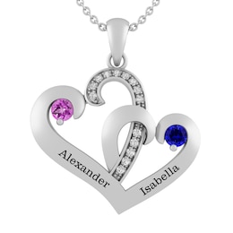 Round Birthstone Couple's Double Heart Necklace (2 Stones and Lines)