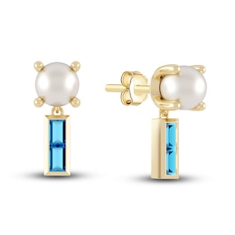 Juliette Maison Natural Blue Zircon Baguette and Freshwater Cultured Pearl Earrings 10K Yellow Gold