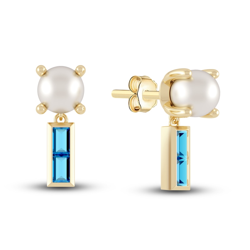 Main Image 1 of Juliette Maison Natural Blue Zircon Baguette and Freshwater Cultured Pearl Earrings 10K Yellow Gold