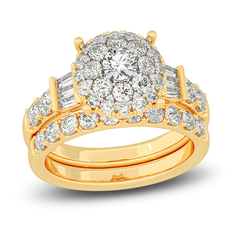 Main Image 1 of Diamond Halo Bridal Set 2 ct tw Round/Baguette 14K Yellow Gold