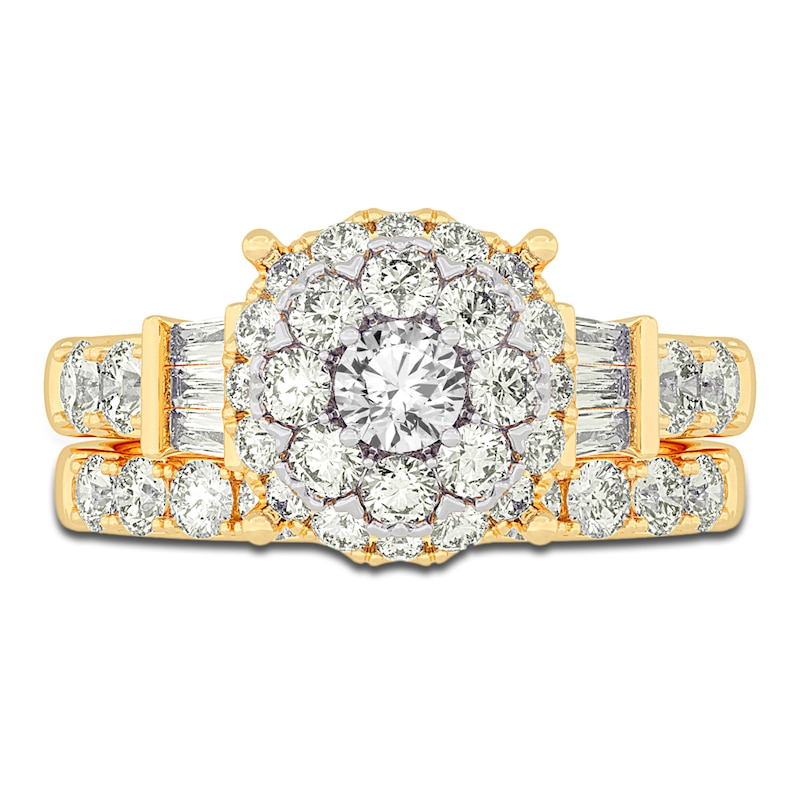 Main Image 3 of Diamond Halo Bridal Set 2 ct tw Round/Baguette 14K Yellow Gold