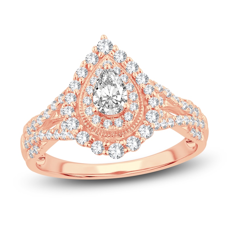 Main Image 1 of Diamond Double Halo Ring 3/4 ct tw Pear/Round 14K Rose Gold