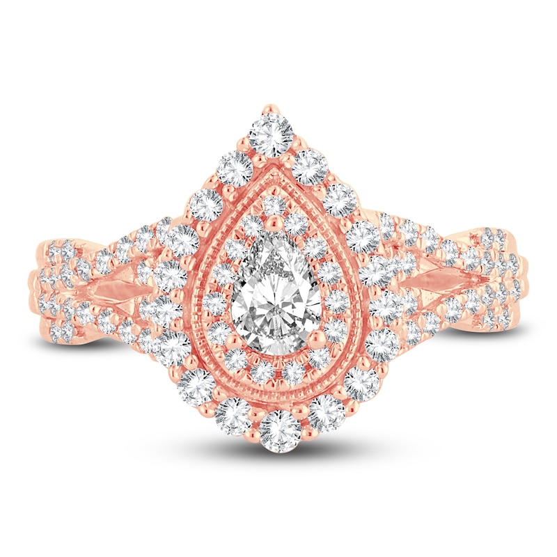 Main Image 3 of Diamond Double Halo Ring 3/4 ct tw Pear/Round 14K Rose Gold