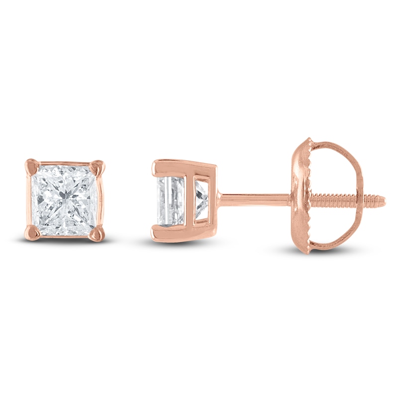 Main Image 1 of Certified Princess-Cut Diamond Solitaire Stud Earrings 1/10 ct tw 14K Rose Gold (I/I1)