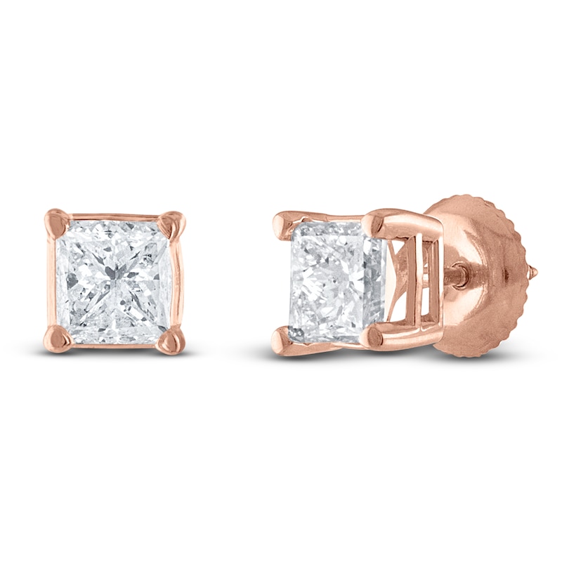 Main Image 2 of Certified Princess-Cut Diamond Solitaire Stud Earrings 1/10 ct tw 14K Rose Gold (I/I1)