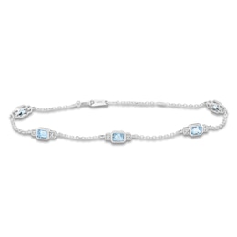 Rectangle-Cut Natural Swiss Blue Topaz & Diamond Station Bracelet 1/20 ct tw 10K White Gold 7.25&quot;