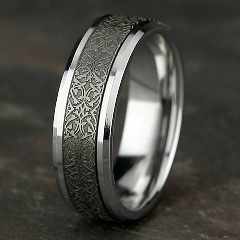 Main Image 4 of Men's Ottoman Pattern Comfort-Fit Wedding Band 7mm 14K White Gold & Matte Dark Gray Tantalum