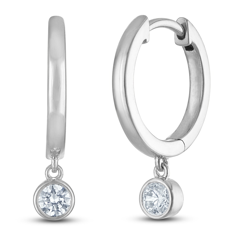 Main Image 2 of Certified Round-Cut Diamond Bezel-Set Solitaire Dangle Hoop Earrings 1/2 ct tw 14K White Gold (I/I1)