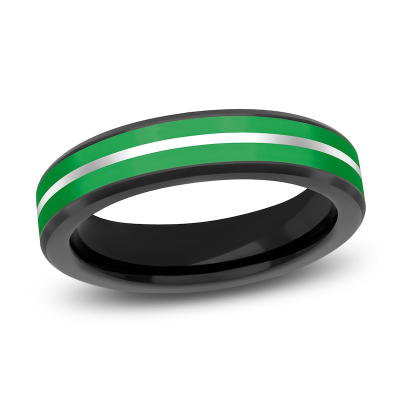 Men's Green Ceramic Stripe Wedding Band White & Black Tungsten 5mm