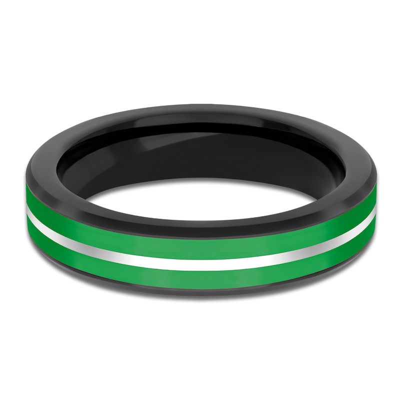 Men's Green Ceramic Stripe Wedding Band White & Black Tungsten 5mm