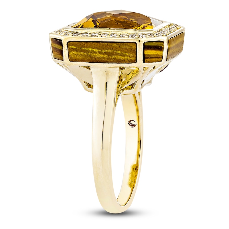 Main Image 5 of Octagon-Cut Natural Orange Quartz, Tiger's Eye, Rhodolite Garnet & Diamond Cocktail Ring 1/3 ct tw 14K Yellow Gold