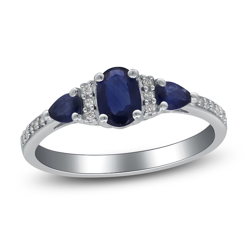 Oval-Cut & Pear-Shaped Natural Blue Sapphire & Diamond Three-Stone Ring 1/15 ct tw 14K White Gold