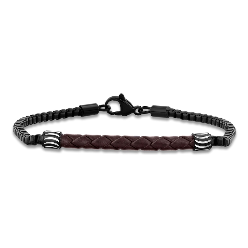 Main Image 1 of Men's Brown Leather Bracelet Black Ion-Plated Stainless Steel 8.5&quot;