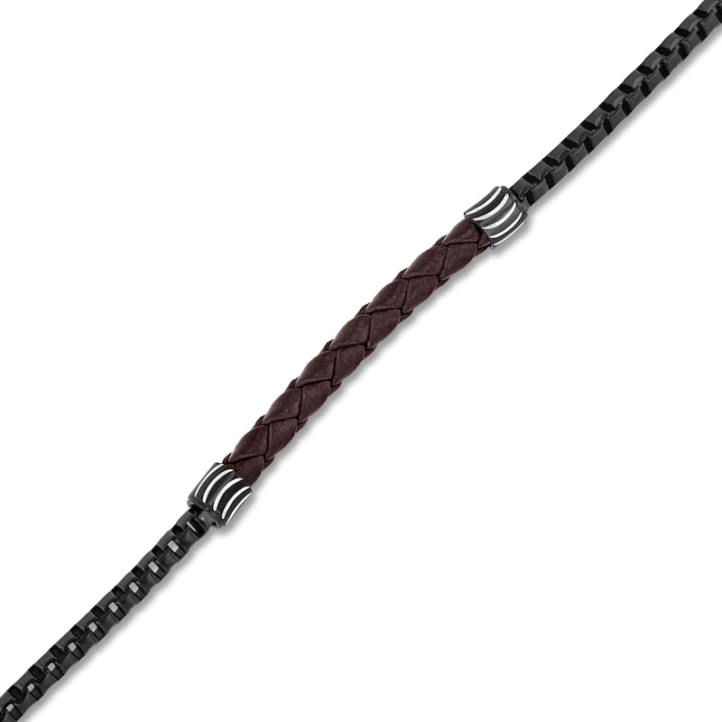 Main Image 2 of Men's Brown Leather Bracelet Black Ion-Plated Stainless Steel 8.5&quot;