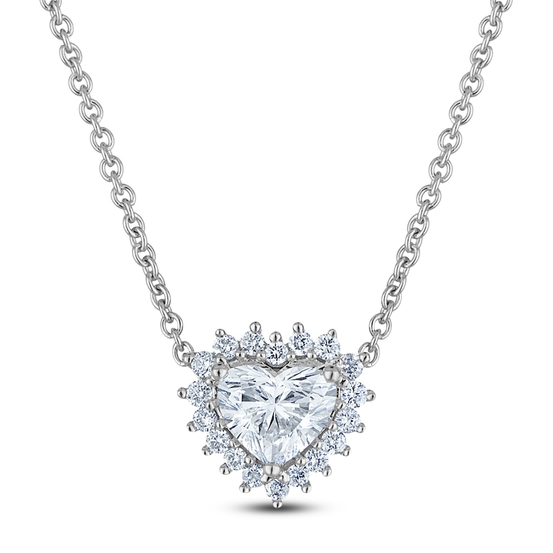 Main Image 1 of Heart-Shaped Lab-Created Diamond Halo Necklace 5/8 ct tw 14K White Gold 18&quot;