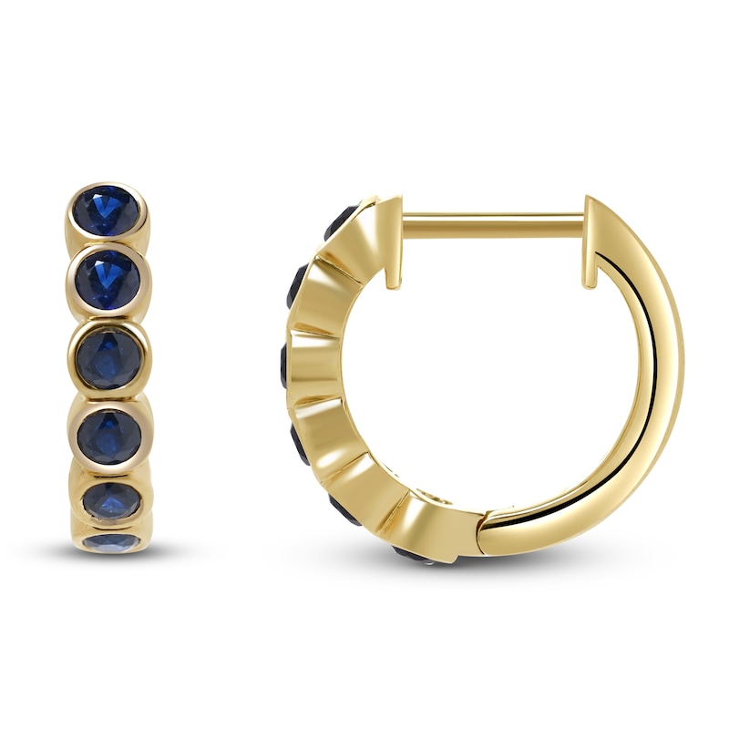 Main Image 1 of Natural Blue Sapphire Bezel-Set Hoop Earrings 14K Yellow Gold