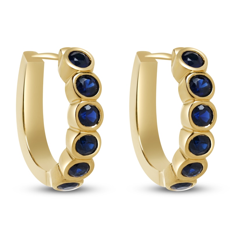 Main Image 3 of Natural Blue Sapphire Bezel-Set Hoop Earrings 14K Yellow Gold