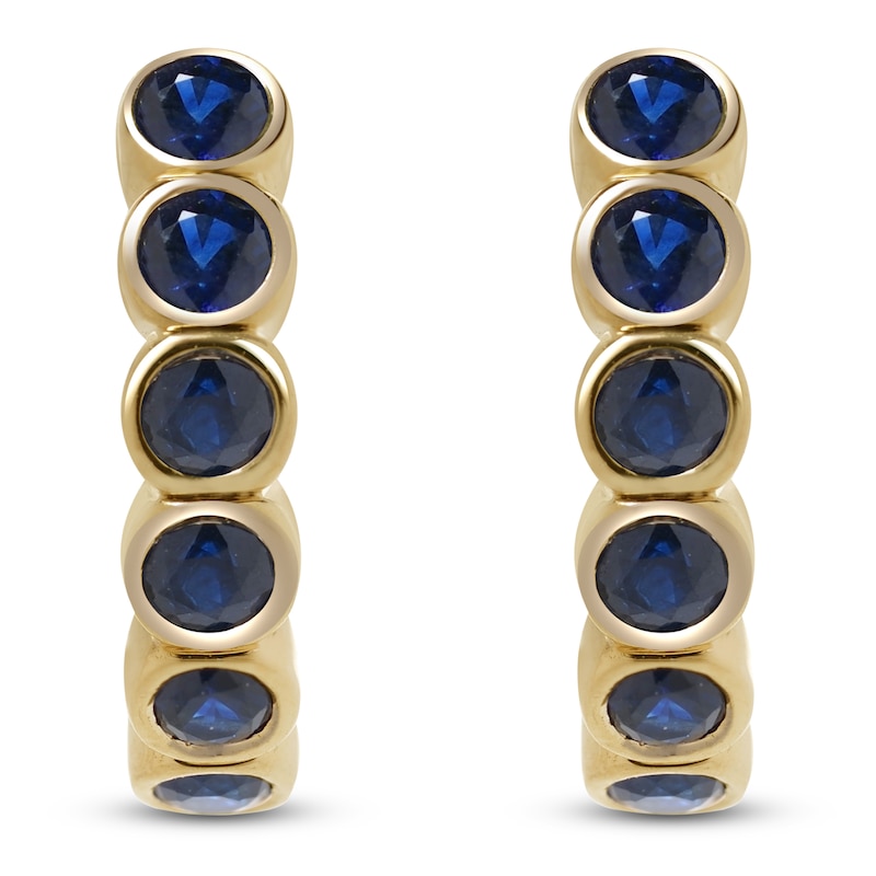 Main Image 4 of Natural Blue Sapphire Bezel-Set Hoop Earrings 14K Yellow Gold